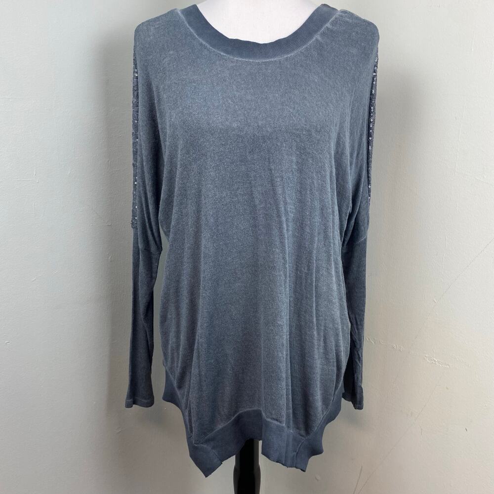 Tempo Paris Blue Wool Sequined Sleeve Sharkbite Hem Lightweight Sweater Medium